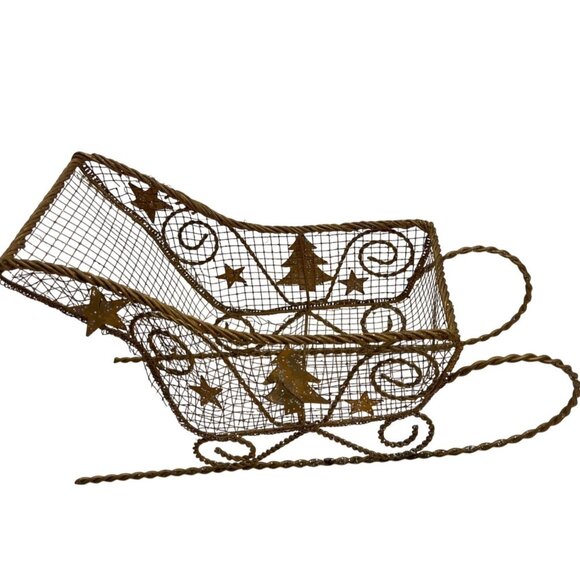 Gold Wire Christmas Sleigh Decoration With Trees & Stars Design C38 - Picture 1 of 4